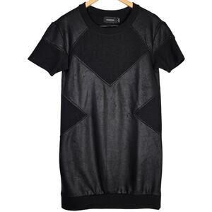 Minkpink Black Faux Suede Leather Combo Short Sleeve Tunic Top Sweatshirt Dress
